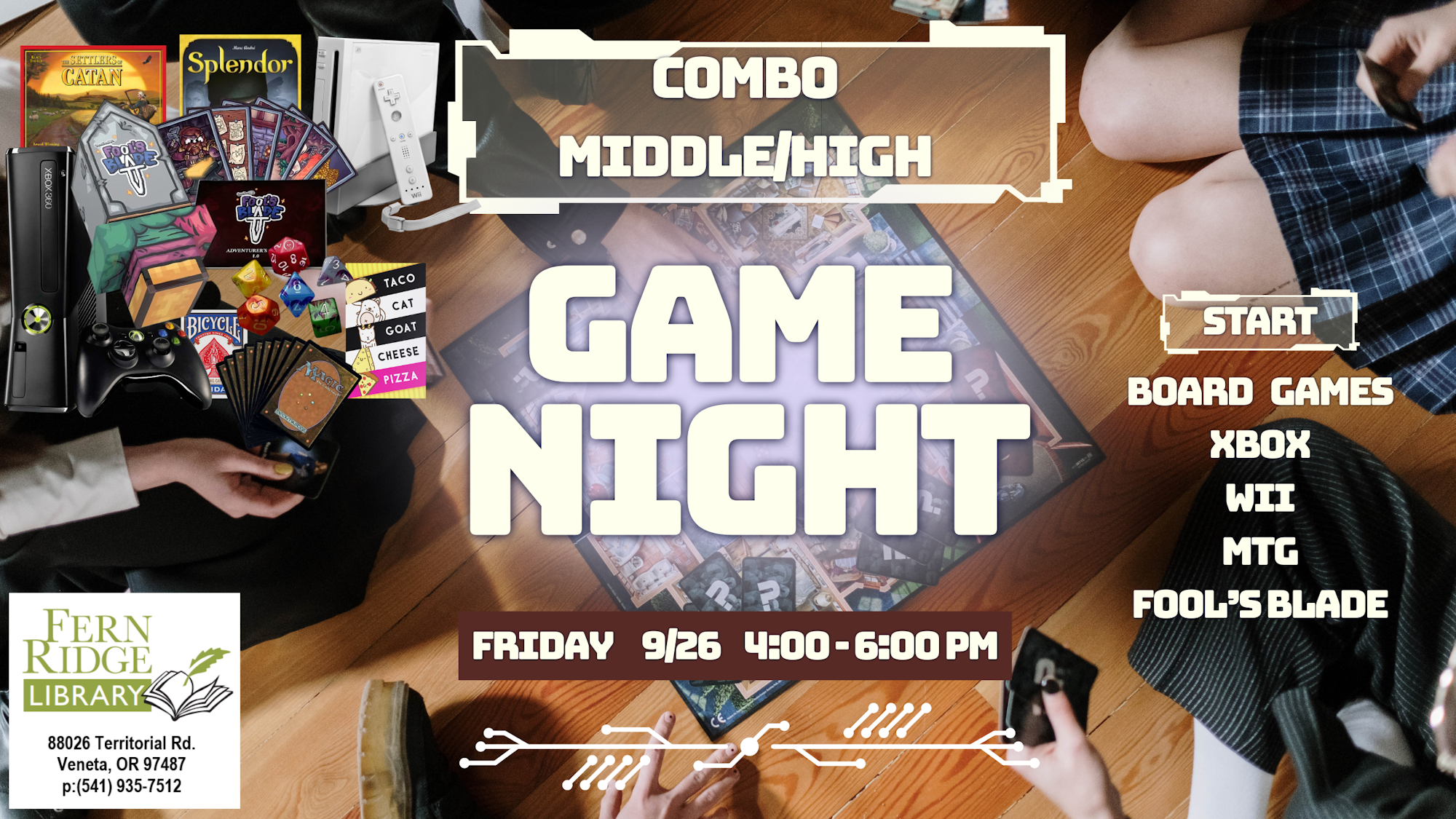 Game Night poster: Board games, Xbox, Wii, MTG. Fern Ridge Library, 9/26, 4-6 PM.