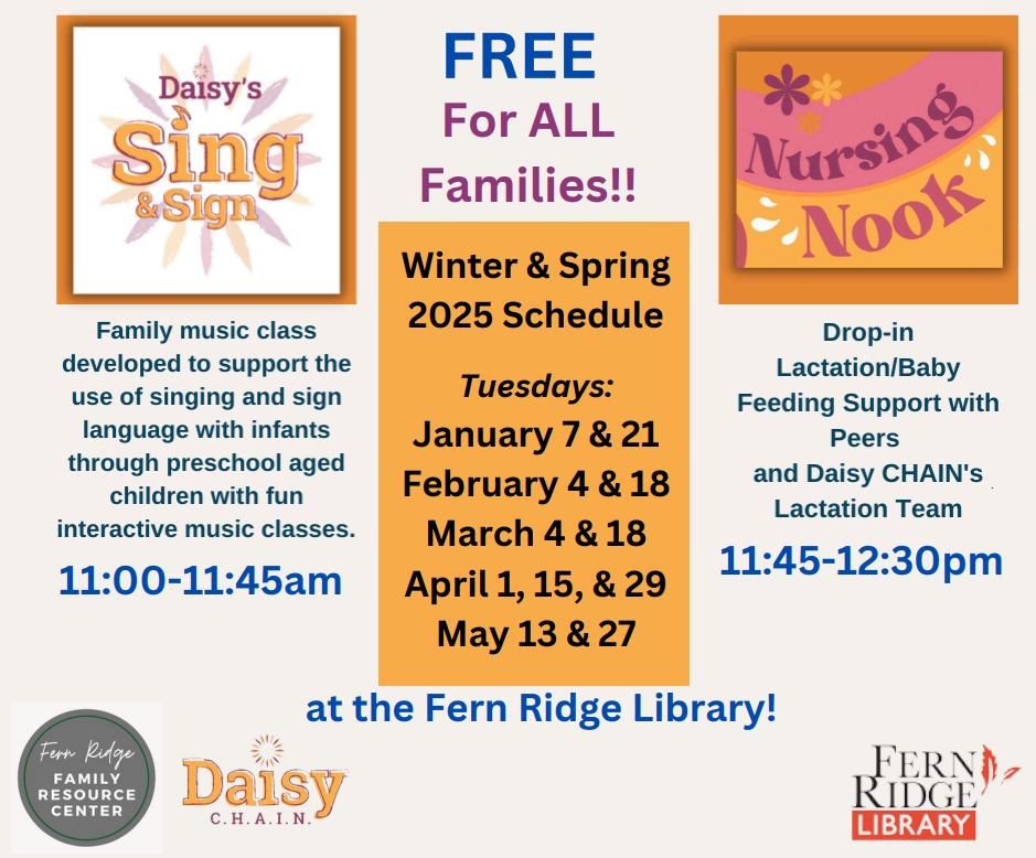 Free family music and lactation support at Fern Ridge Library. Classes and support on select Tuesdays, January to May 2025.