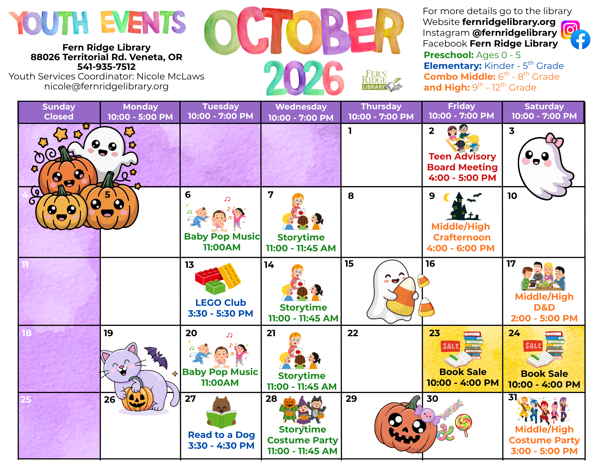 October 2026 events at Fern Ridge Library: activities include storytimes, LEGO club, a book sale, and a costume party.