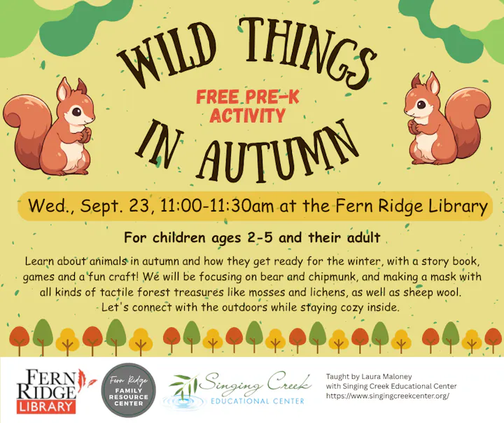 Free pre-K activity at Fern Ridge Library on Sept 23 for kids ages 2-5, focusing on autumn animals, crafts, and stories.