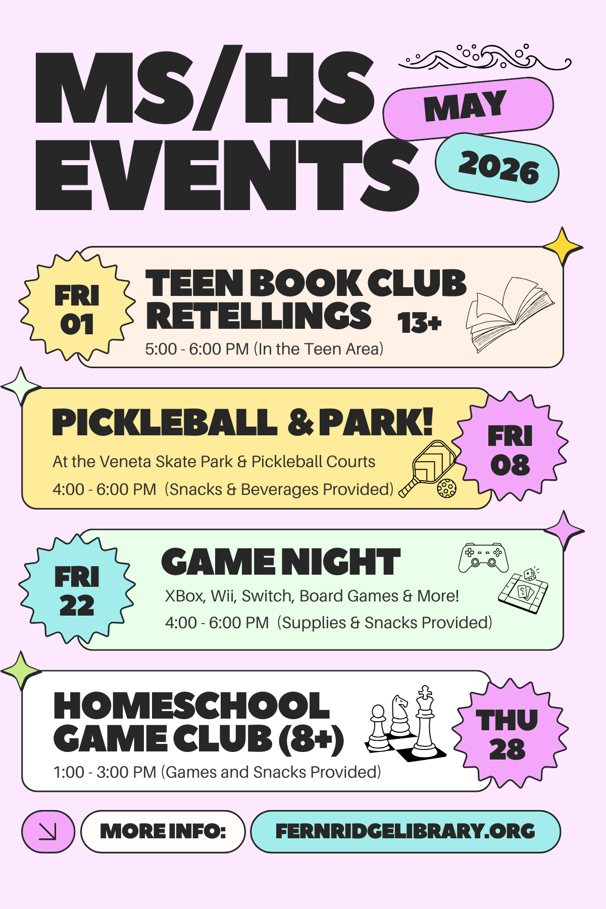 May 2026 events for teens: book club, pickleball, game night, and homeschool game club. Snacks provided!