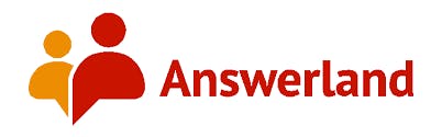Two overlapping speech bubble icons, one red and one orange, next to the text "Answerland".