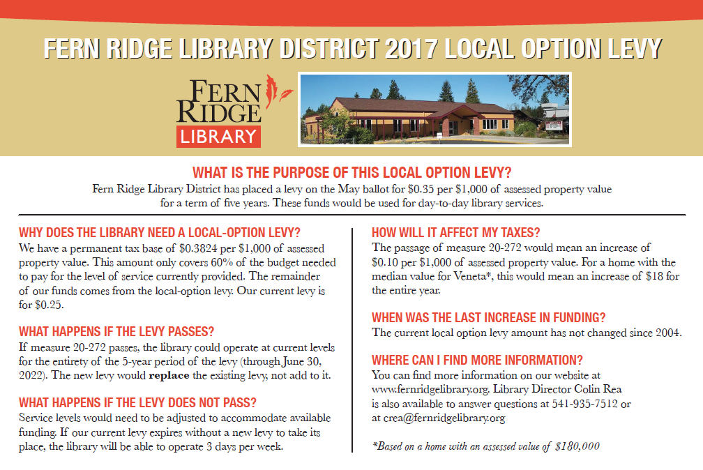 Fern Ridge Library's proposed levy for 2017 aims to fund services, increasing property tax by $0.10 per $1,000 assessed value if passed.