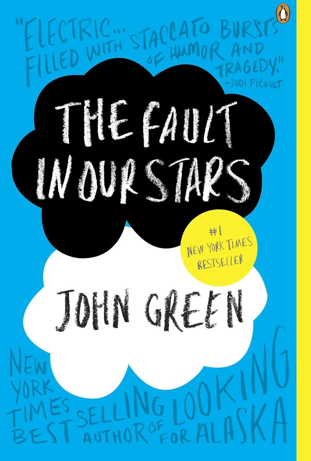 Cover of "The Fault in Our Stars" by John Green, featuring a review by Jodi Picoult and highlighting its bestseller status.