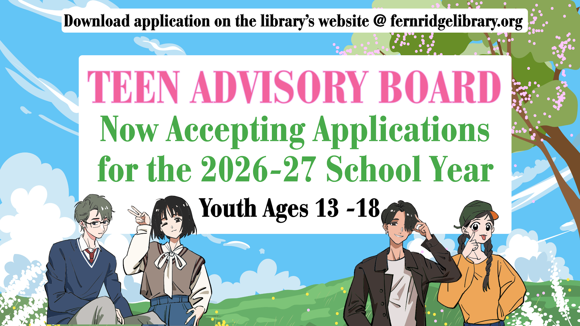 Graphic promoting a Teen Advisory Board accepting applications for the 2026-27 school year, for ages 13-18.
