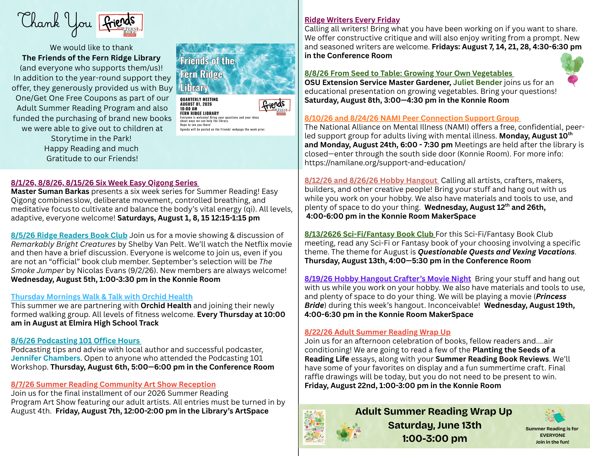 The image outlines events at the Fern Ridge Library, including book clubs, workshops, and a summer reading wrap-up, along with gratitude to supporters.