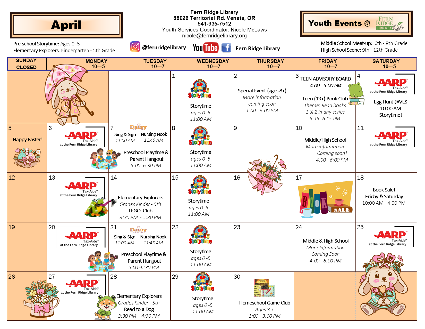 April events at Fern Ridge Library include storytime, book clubs, an egg hunt, and AARP sessions. Fun for all ages!
