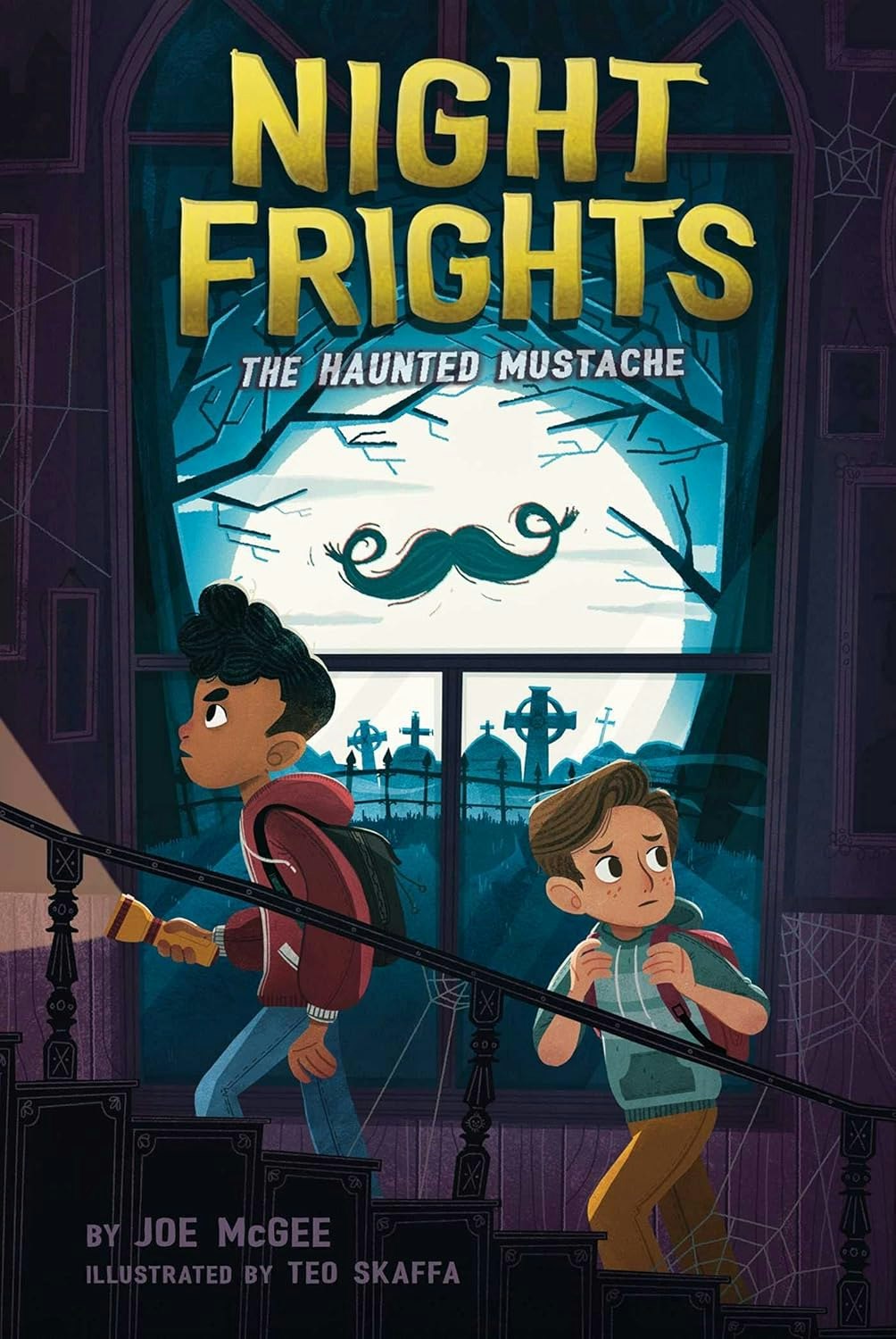 Two boys explore a spooky house, carrying a flashlight, with a window view of a graveyard outside; book title "Night Frights: The Haunted Mustache."
