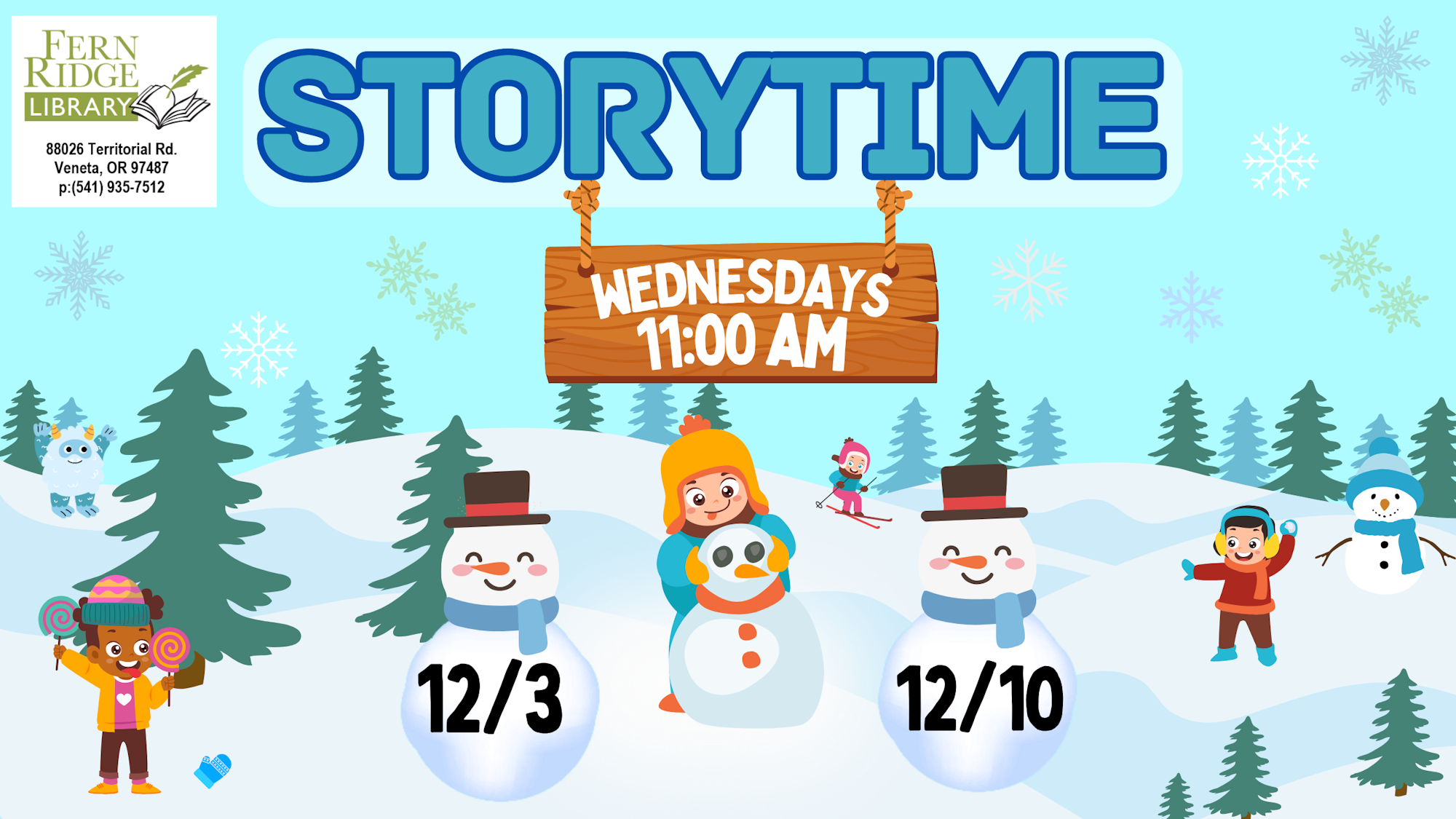The image promotes a Storytime event at Fern Ridge Library on Wednesdays at 11:00 AM, with dates 12/3 and 12/10.