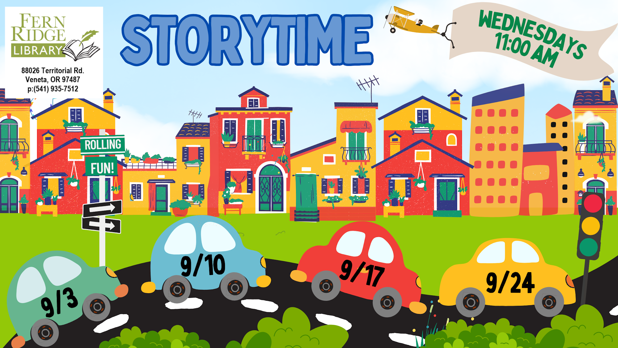 Colorful "Storytime" event poster with cars, dates 9/3, 9/10, 9/17, 9/24. Happening Wednesdays 11:00 AM at Fern Ridge Library.