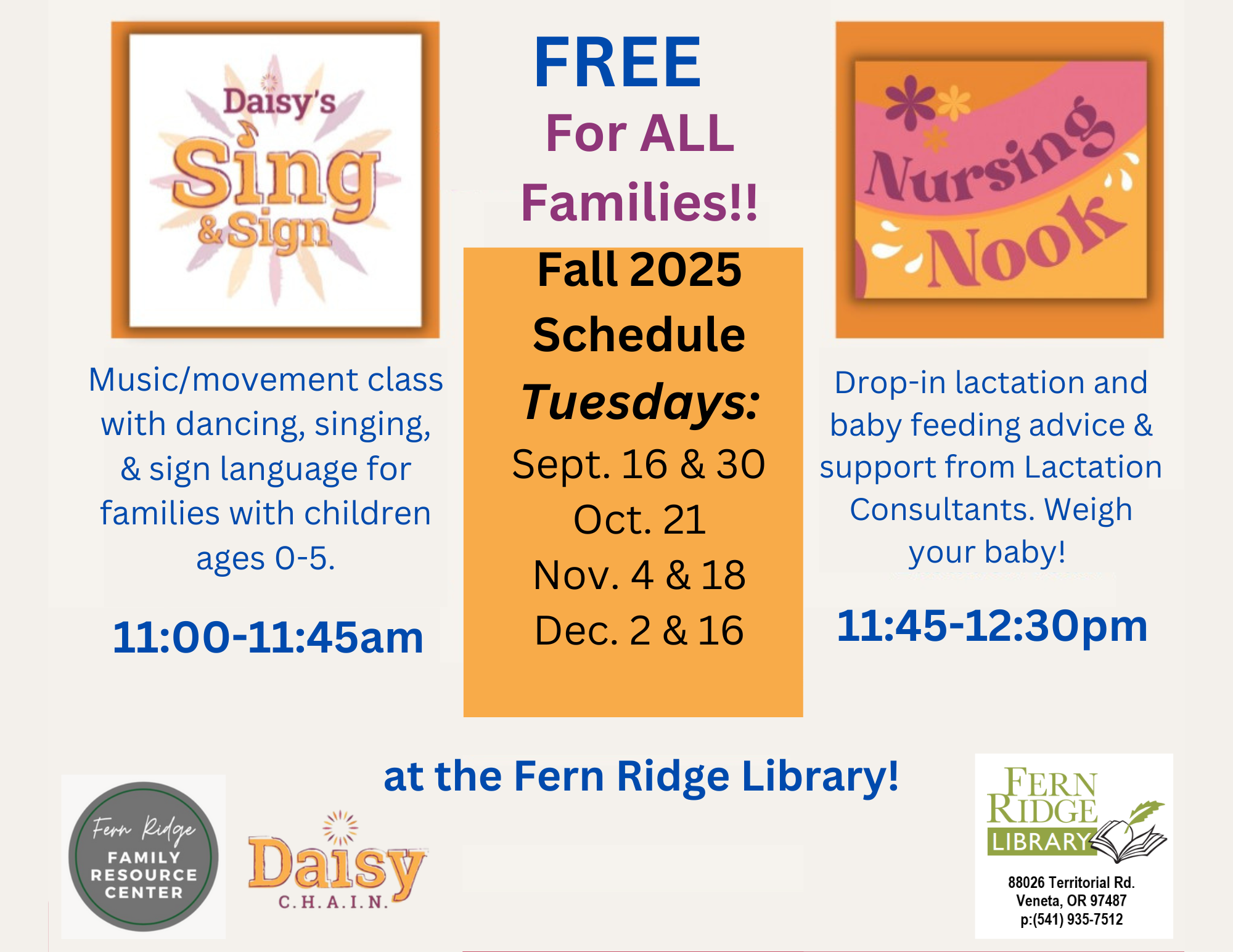 Free family events at Fern Ridge Library, Fall 2025. Sing & Sign: 11-11:45am, Nursing Nook: 11:45-12:30pm. Dates in Sept-Dec.