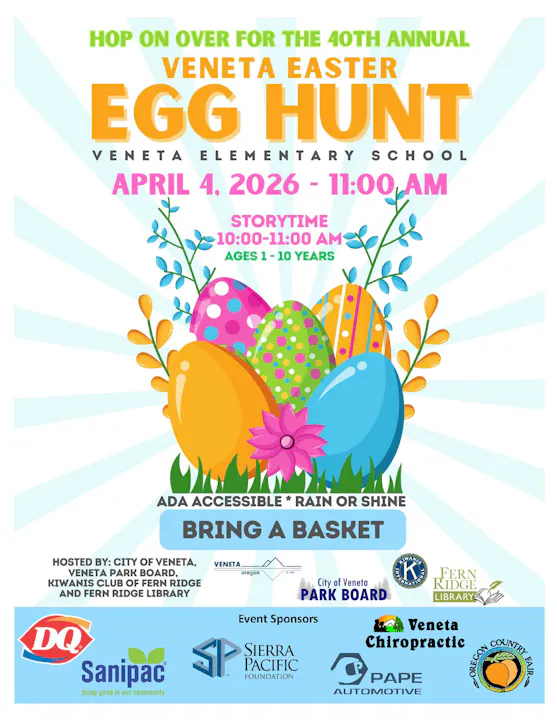 Join the 40th Annual Veneta Easter Egg Hunt on April 4, 2026, at Veneta Elementary, featuring storytime and prizes!