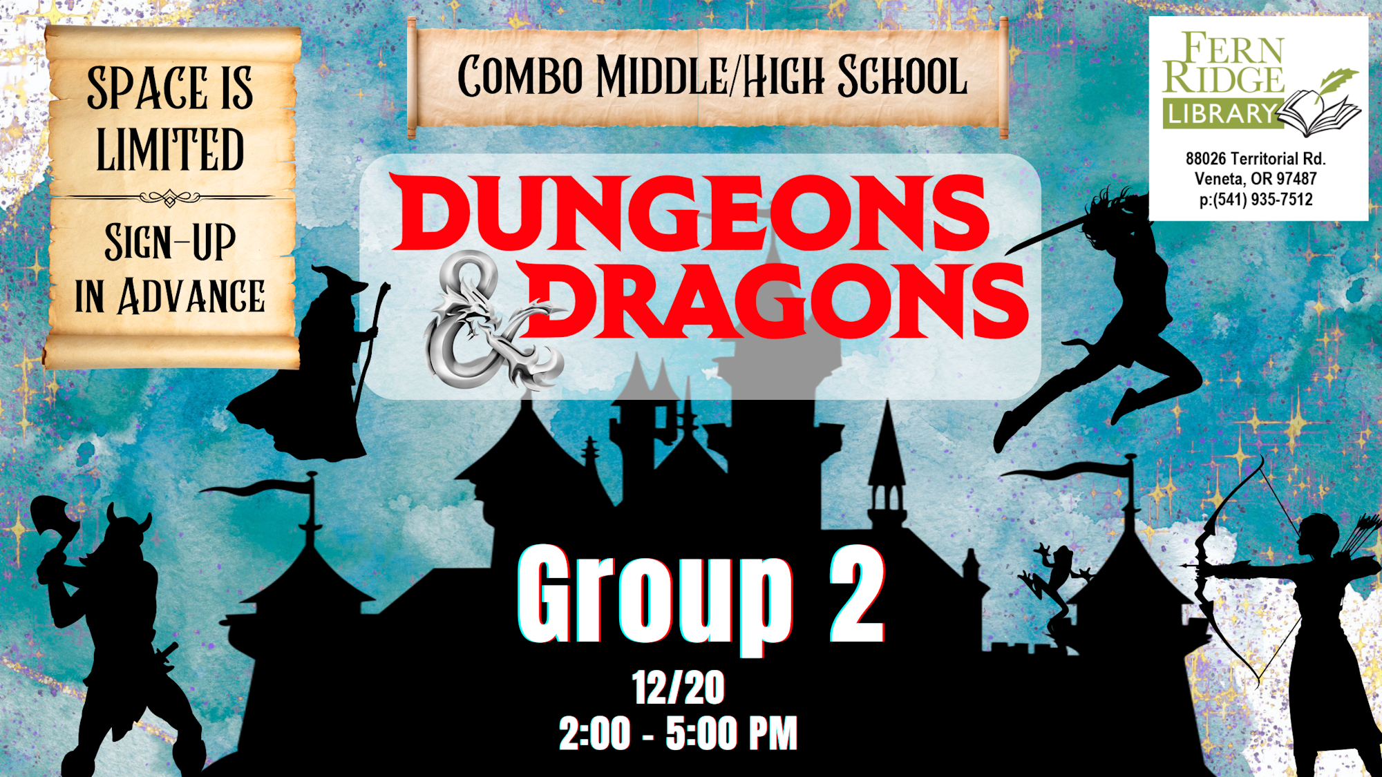 Graphic promoting a Dungeons & Dragons event at Combo Middle/High School, Dec 20, 2-5 PM. Sign up in advance, space limited.