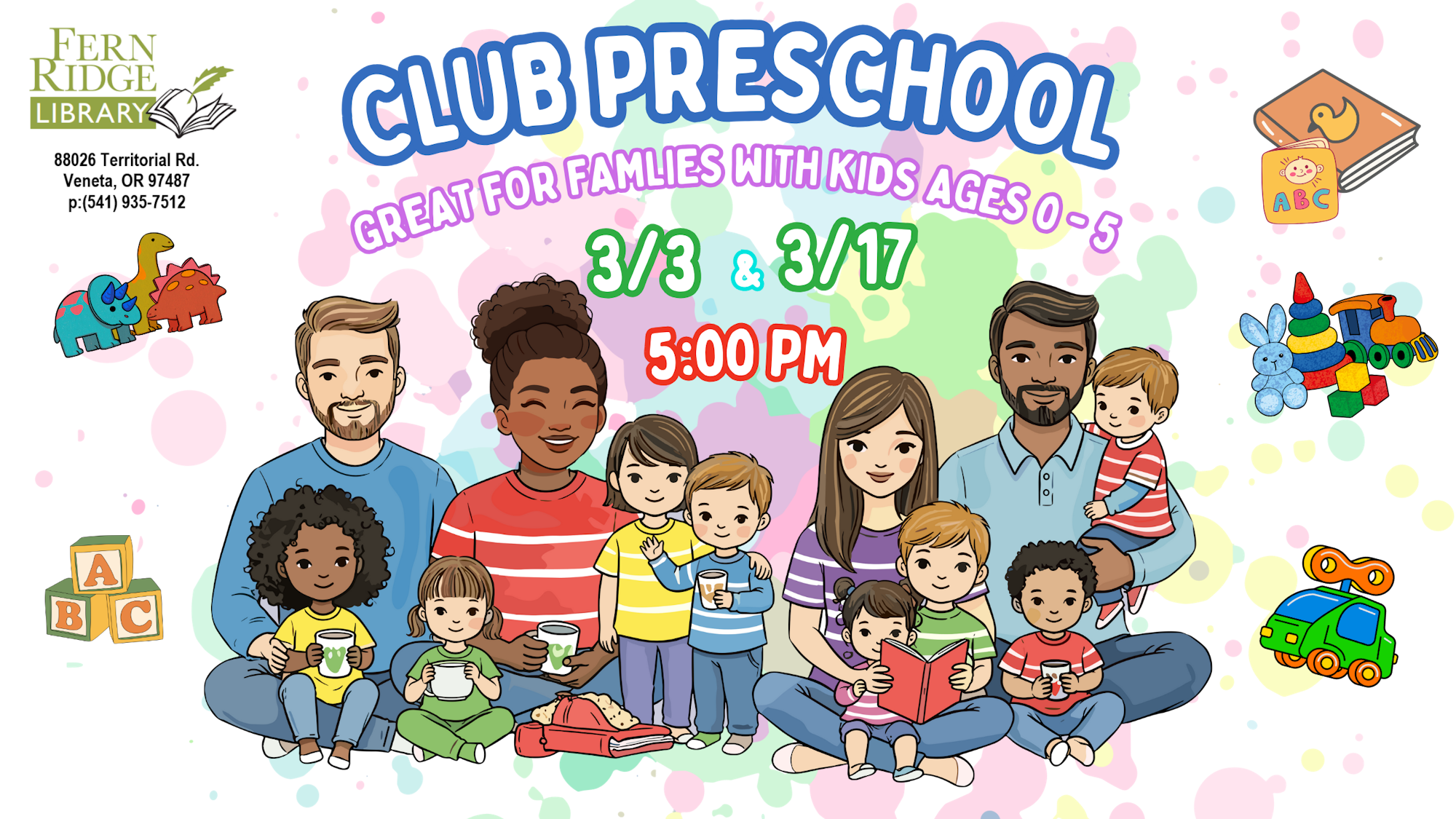 A flyer for "Club Preschool" at Fern Ridge Library for families with kids ages 0-5 on March 3 & 17 at 5 PM.