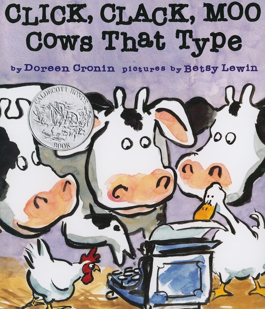Illustrated book cover featuring cows, a chicken, and a duck using a typewriter.