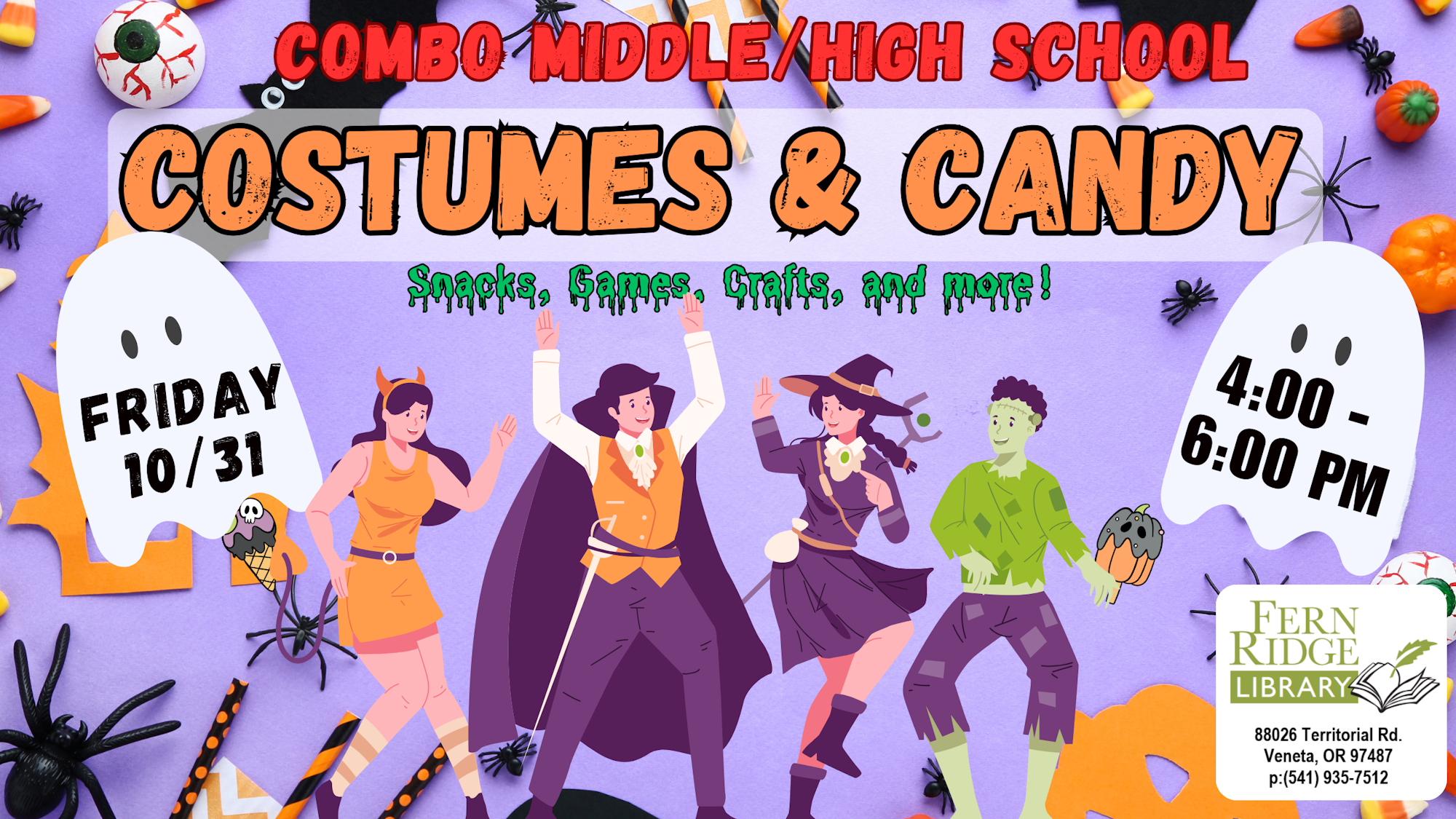 Halloween-themed school event with costumes, candy, snacks, and games, on 10/31 from 4-6 PM at Fern Ridge Library.