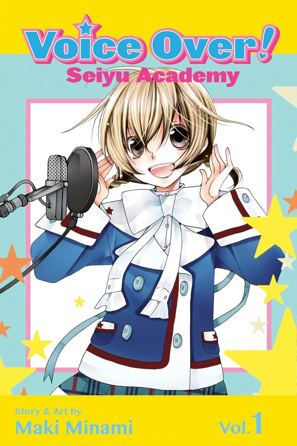 Anime-style illustration of a character with a microphone, titled "Voice Over! Seiyu Academy" by Maki Minami.