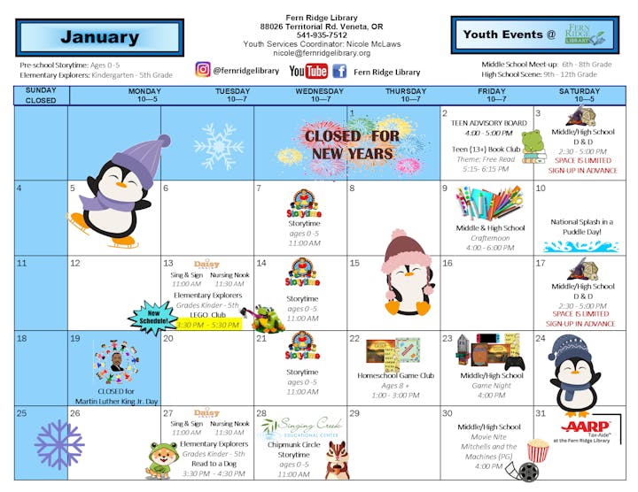 A January calendar for youth events at Fern Ridge Library, featuring activities like storytime, clubs, and workshops.