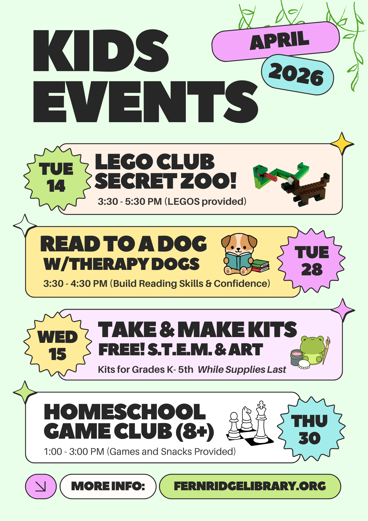 Kids events at the library in April 2026 include LEGO Club, reading with therapy dogs, STEM kits, and a homeschool game club.