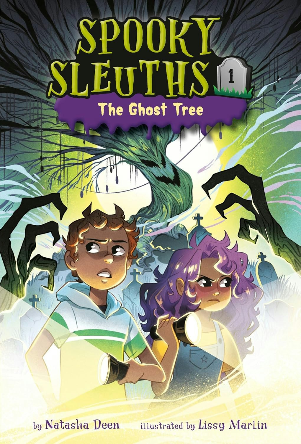 Book cover: "Spooky Sleuths: The Ghost Tree" with kids holding flashlights in a graveyard.