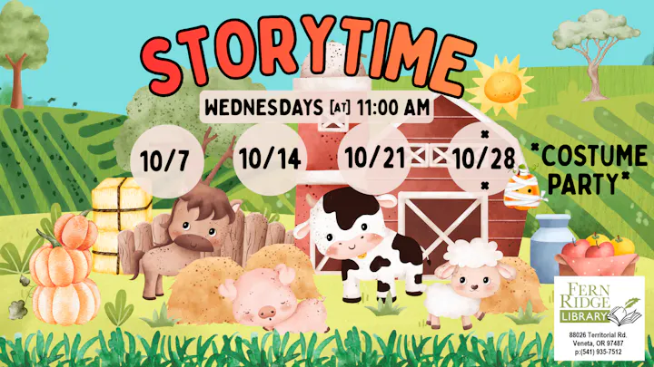 The image promotes a storytime event for kids at Fern Ridge Library every Wednesday at 11 AM, with a costume party on 10/28.
