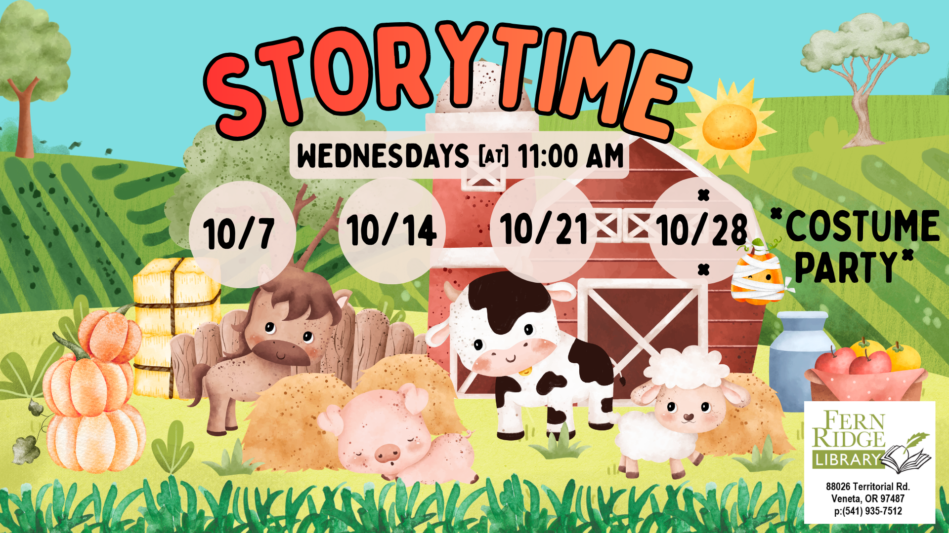 The image promotes a storytime event for kids at Fern Ridge Library every Wednesday at 11 AM, with a costume party on 10/28.