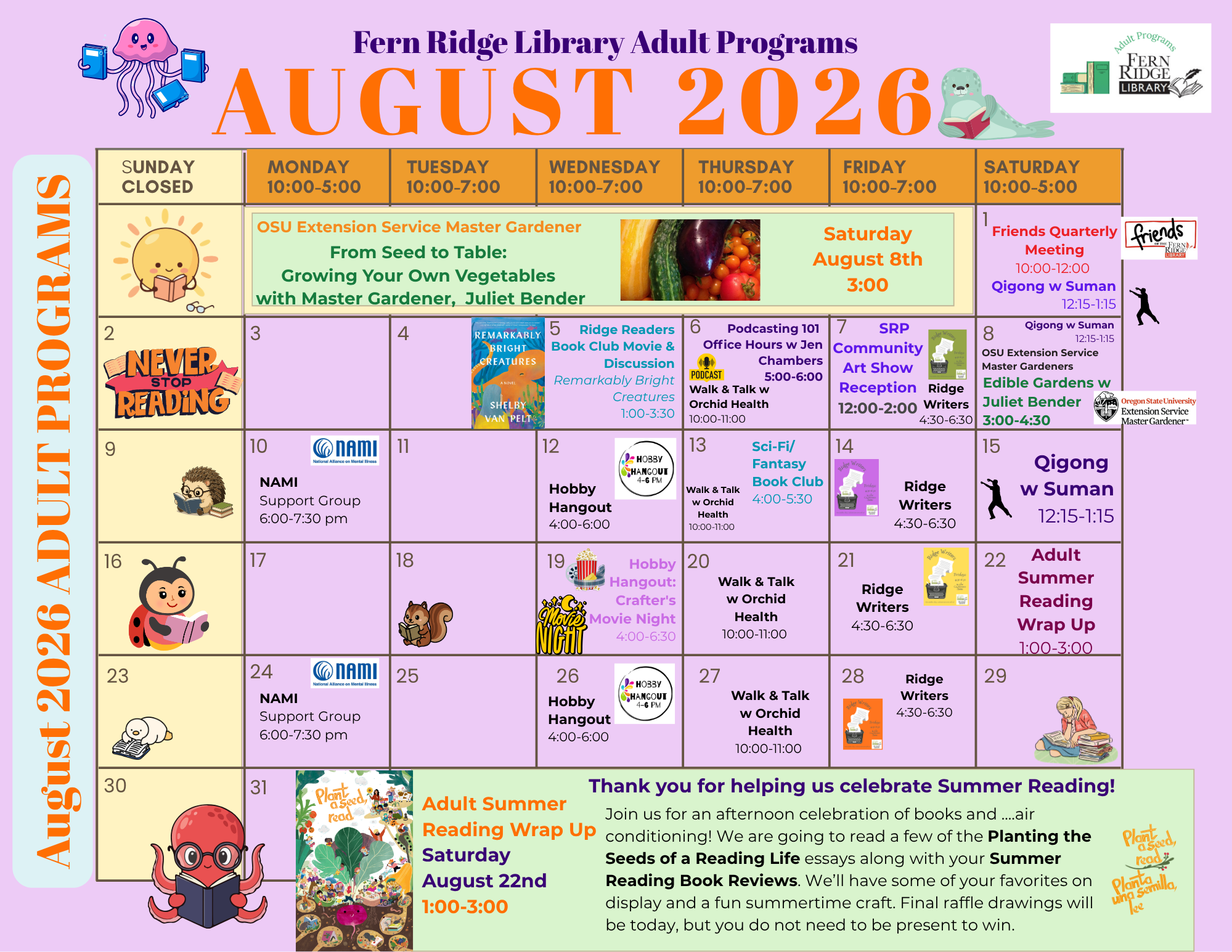 A schedule of adult programs at Fern Ridge Library for August 2026, including gardening, book clubs, and support groups.
