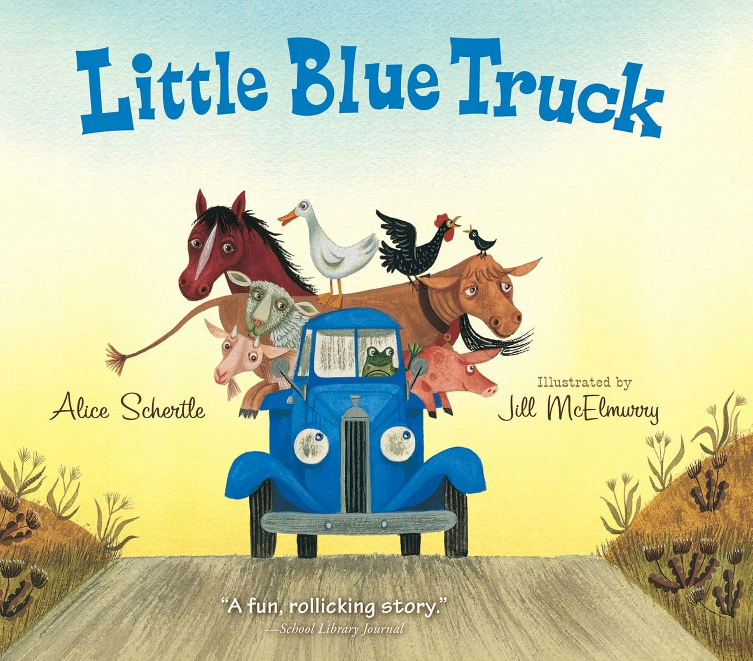 A blue truck with farm animals on a book cover titled "Little Blue Truck" by Alice Schertle, illustrated by Jill McElmurry.
