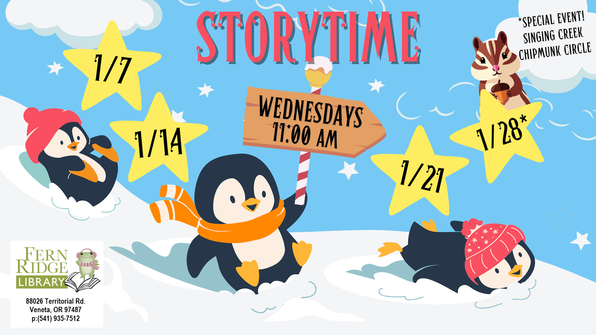 Event promotion for Storytime at Fern Ridge Library, Wednesdays at 11 AM, featuring dates 1/7, 1/14, 1/21, and a special event on 1/28.
