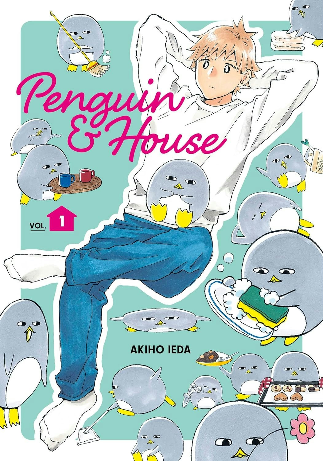 A person surrounded by cute penguins doing various activities, with the title "Penguin & House Vol. 1" and author Akiho Ieda.
