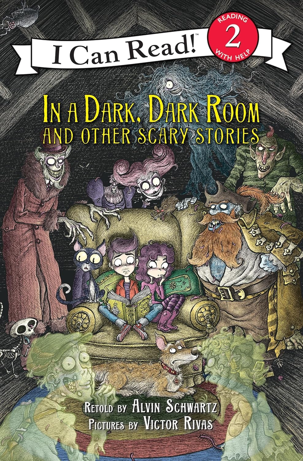 Cover of "In a Dark, Dark Room" by Alvin Schwartz, featuring children reading, surrounded by eerie characters.