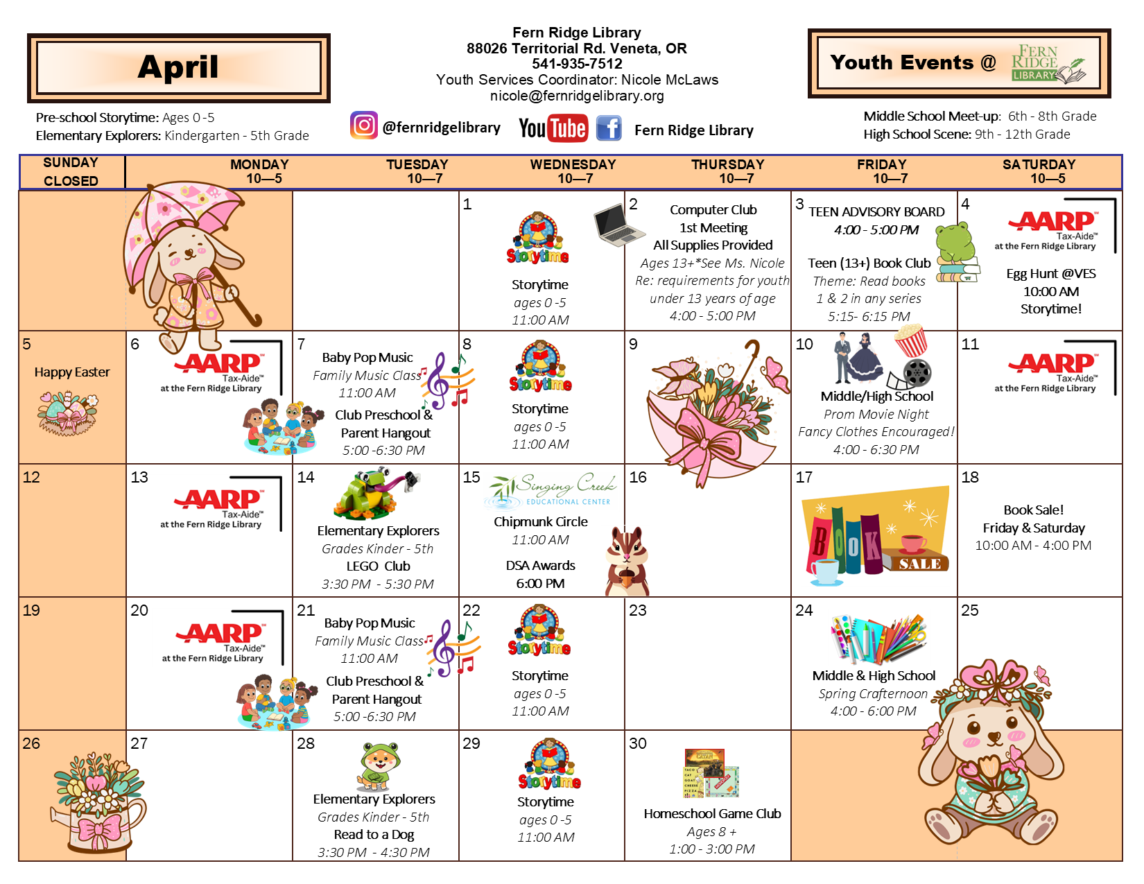 The image is a monthly calendar for youth events at Fern Ridge Library, featuring storytimes, classes, and activities from April.