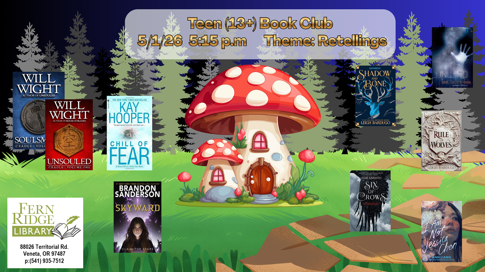 A flyer for a teen book club on 5/1/26, theme: Retellings, featuring various book covers and details from Fern Ridge Library.