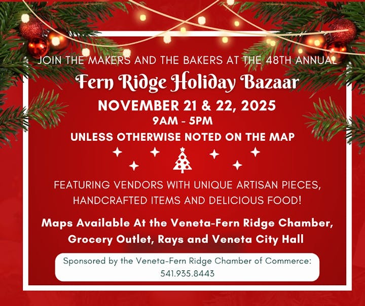 The image promotes the 48th annual Fern Ridge Holiday Bazaar on November 21-22, 2025, featuring artisans and food vendors.