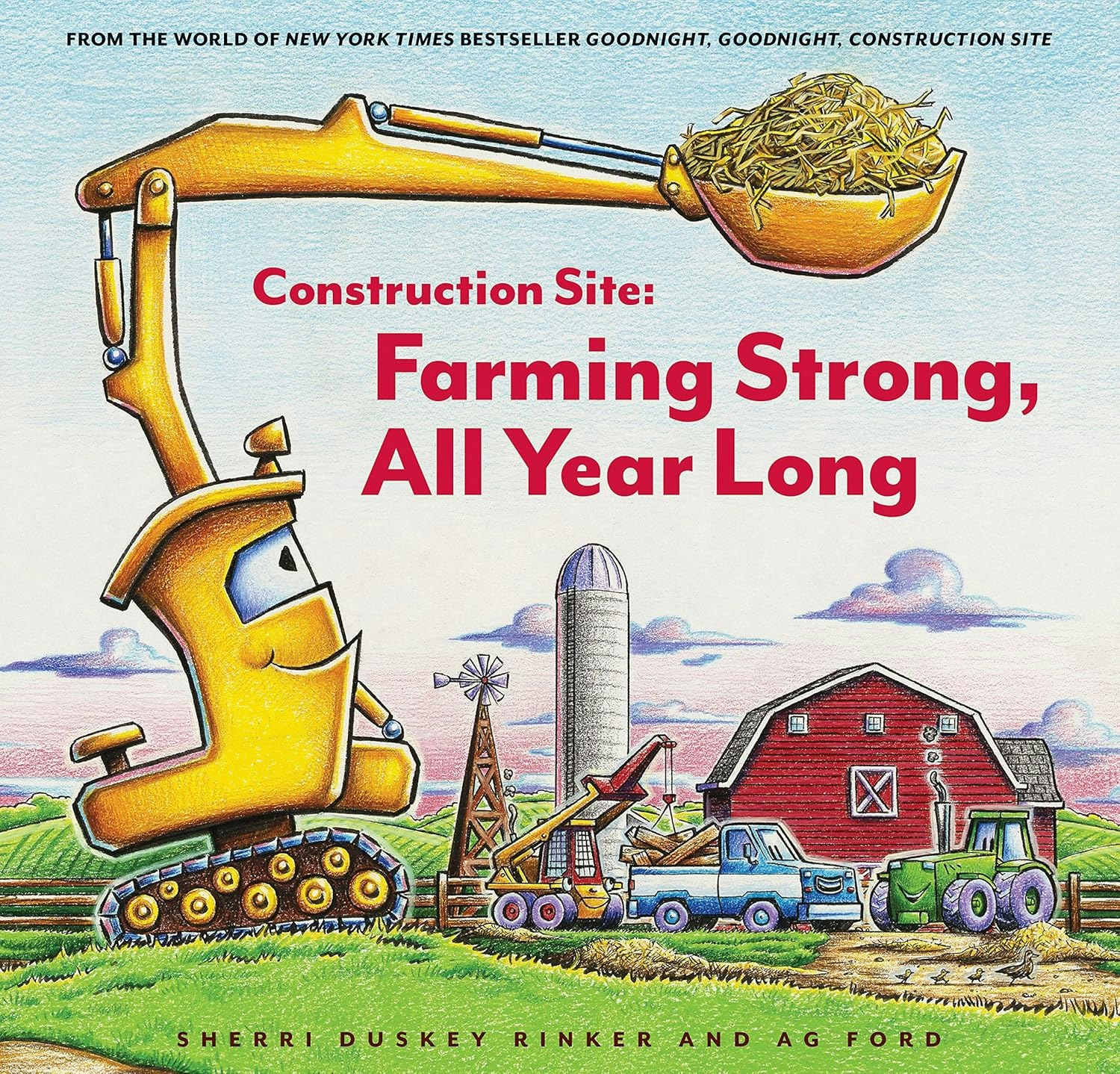 A children's book cover with construction vehicles on a farm, titled "Construction Site: Farming Strong, All Year Long."