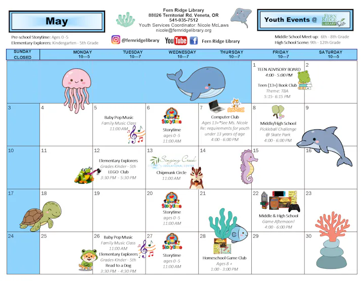 May schedule for Fern Ridge Library with youth events, including storytimes, music classes, and club meetings for various age groups.
