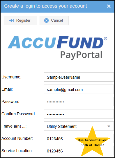 AccuFund PayPortal login form with fields for username, email, password, account number, and service location.