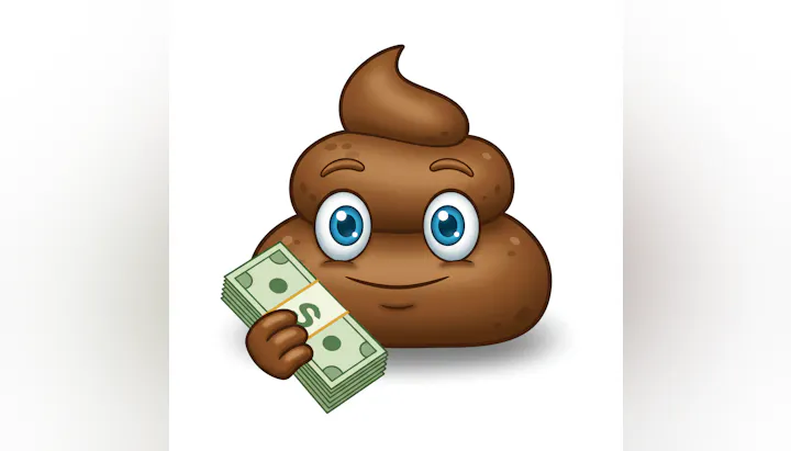 A cartoon poop emoji with blue eyes holding a stack of cash, smiling.