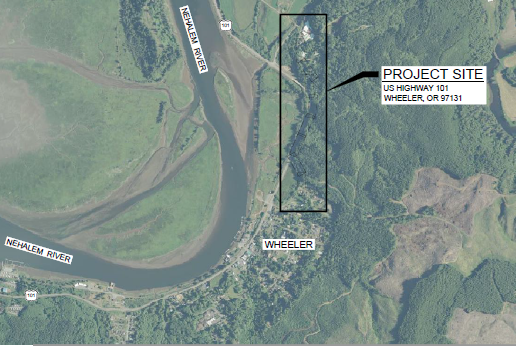 Aerial map showing Nehalem River and Wheeler, OR, highlighting a "Project Site" near US Highway 101.