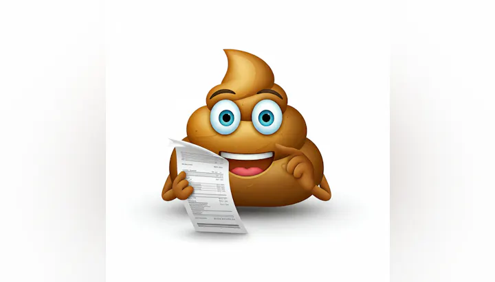 A stylized cartoon emoji character holding a paper, resembling a pile of poop with a smile and big eyes.