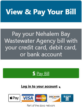 A bill payment ad for Nehalem Bay Wastewater Agency, mentioning credit/debit cards and bank accounts, with a "Pay Bill" button.
