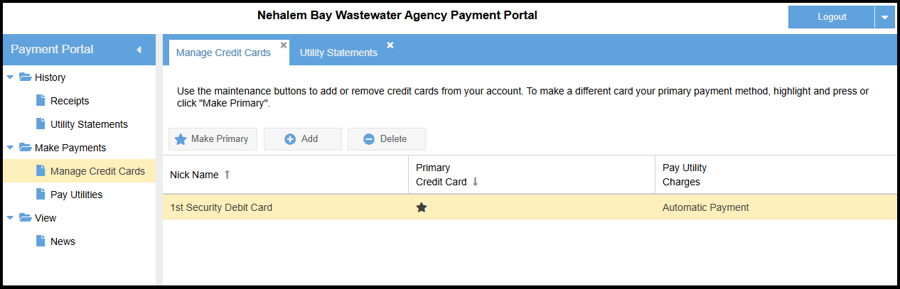 Nehalem Bay Wastewater Agency Payment Portal interface for managing credit cards and utility statements.