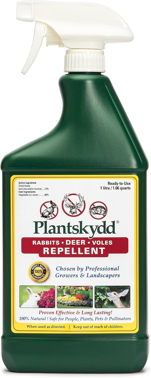 Plantskydd Repellent spray bottle for rabbits, deer, and voles. Safe for people, plants, pets, and pollinators. 1 liter/1.06 quarts.
