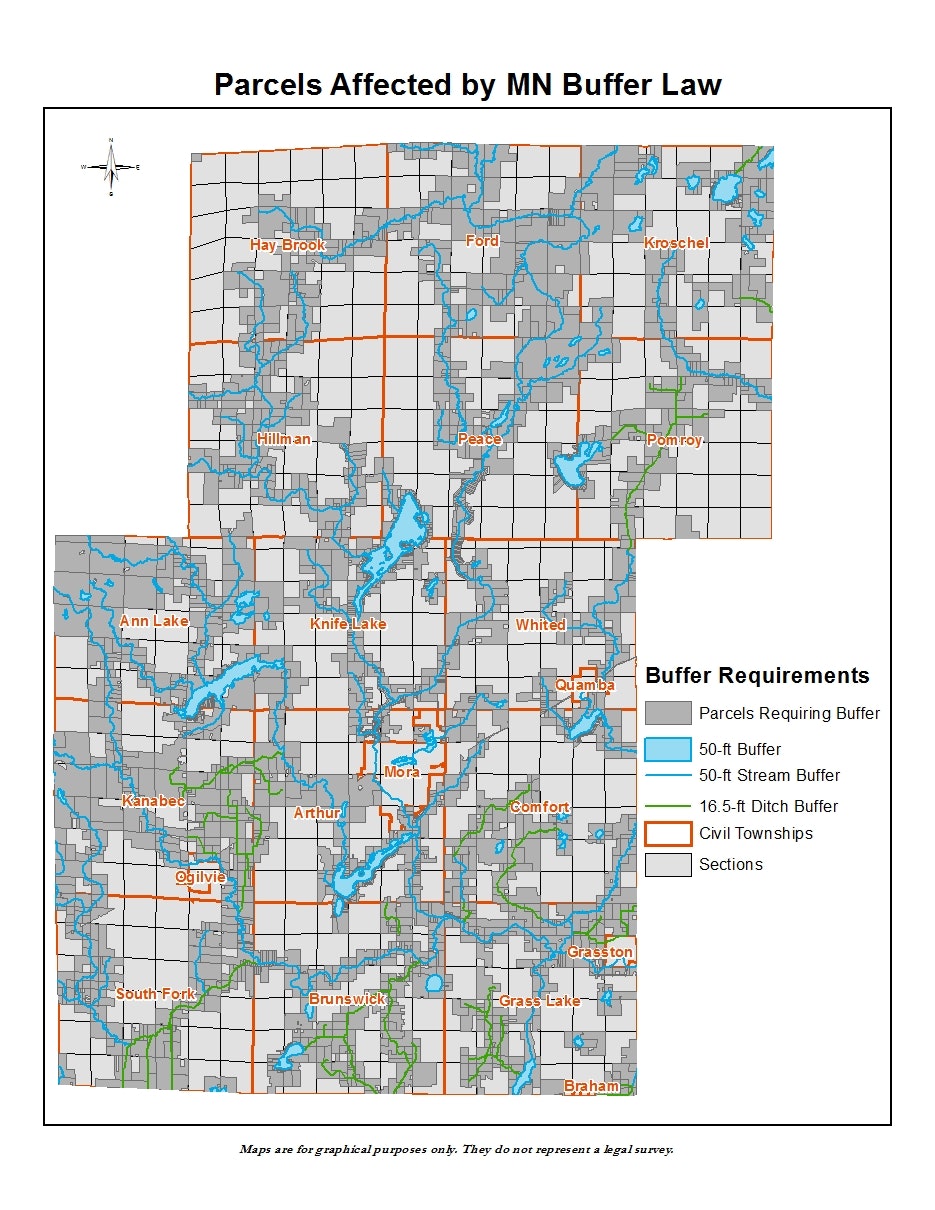 Map of parcels in Minnesota affected by buffer law, showing buffer zones and civil townships.
