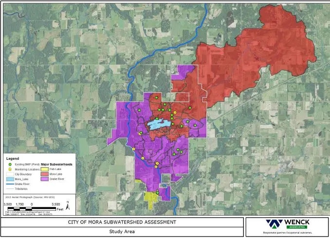 Map of Mora subwatershed assessment with color-coded areas, rivers, and monitoring locations.