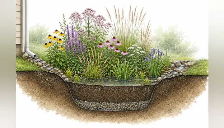 The image shows a rain garden with various colorful flowers and grasses, designed to manage water runoff.