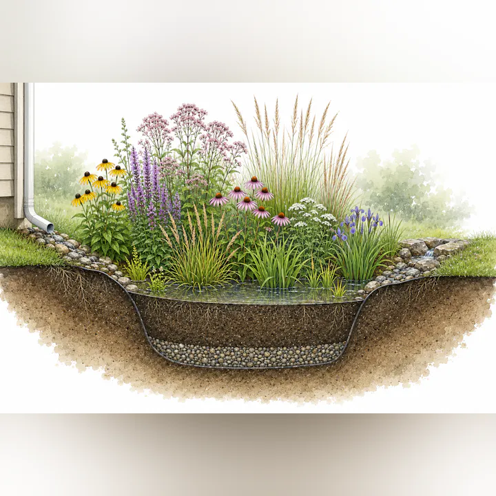 The image shows a rain garden with various colorful flowers and grasses, designed to manage water runoff.