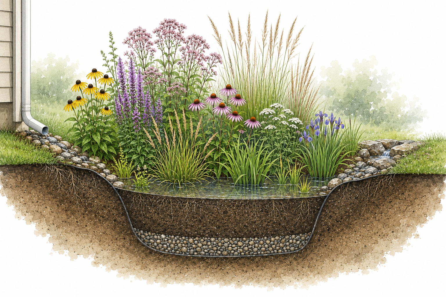 The image shows a rain garden with various colorful flowers and grasses, designed to manage water runoff.