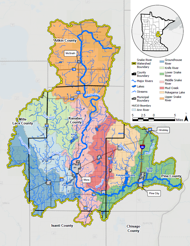 Map showing the Snake River Watershed in Minnesota, including rivers, lakes, county boundaries, and municipalities.