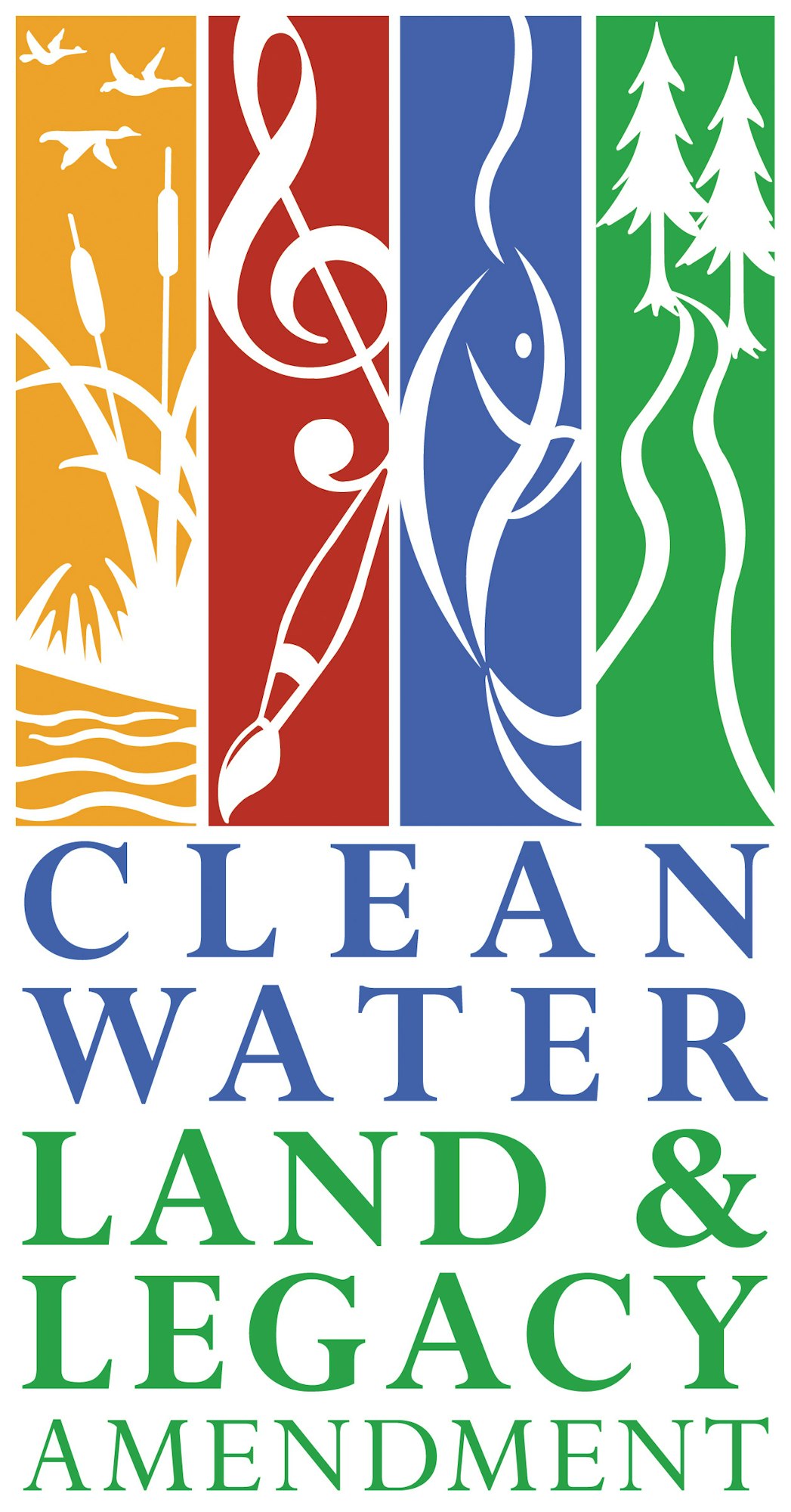 Stylized nature and art icons with the text "Clean Water Land & Legacy Amendment."